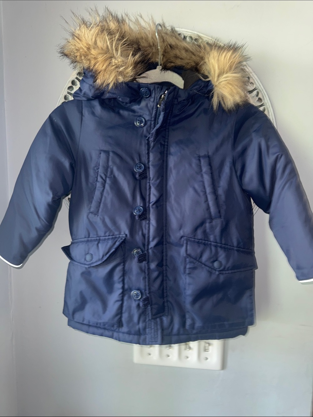 GAP Navy Blue Kids Puffer Coat with Faux Fur Hood